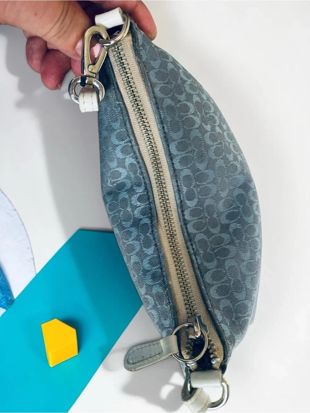 Coach Gray-Blue Signature Jacquard Shoulder Bag with White Trim